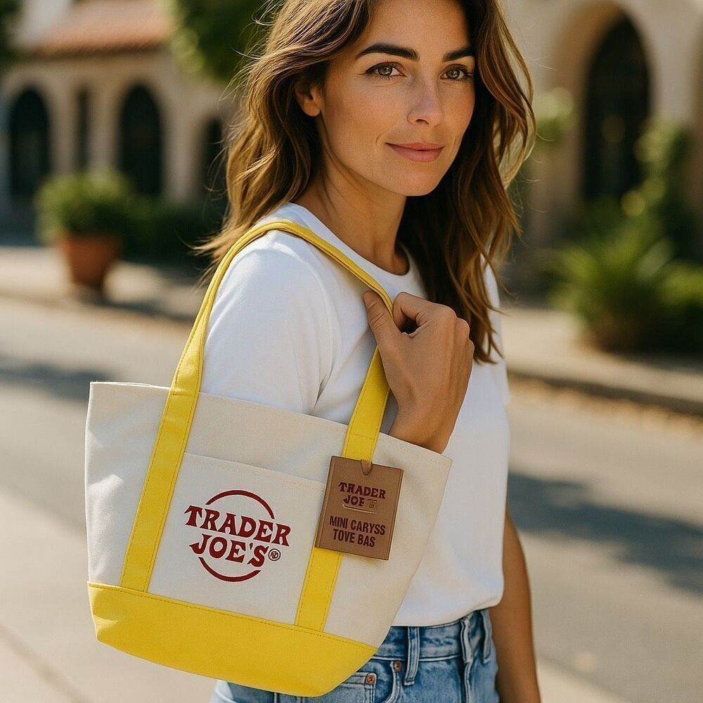 Trader Joe’s Mini Canvas Tote Bag - Yellow & Cream, Reusable